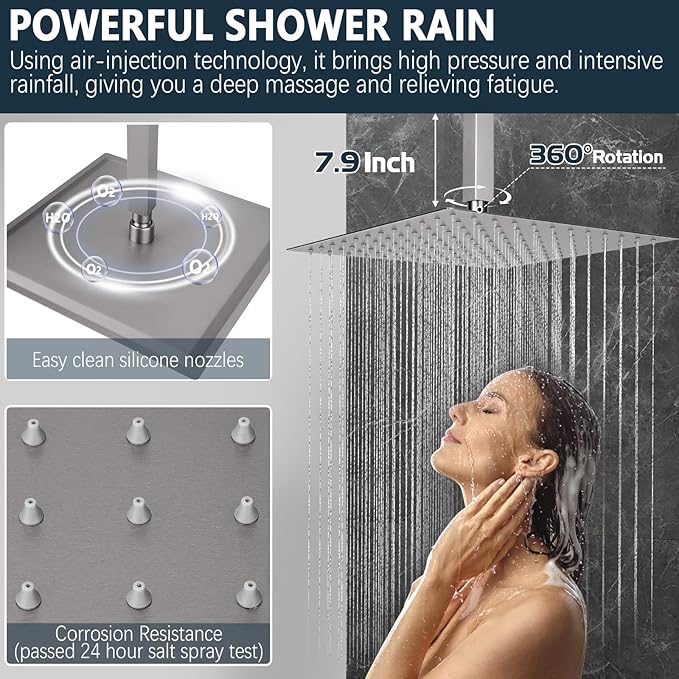 Shower Faucet Set Rainfall Shower System Push Button Diverter Shower Faucet with 4 in 1 Handheld, Ceiling Mount 12 Inch Shower Head and 6 Inch Wall Mount Shower Head
