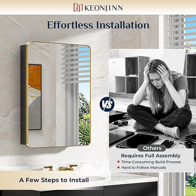 Keonjinn 20 x 32 Inch Gold Mirrored Medicine Cabinet, Recessed Medicine Cabinets for Bathroom, Dim Brushed Brass Stainless Steel Framed, Adjustable Shelves, in Wall or Surface Mount, Sturdy & Heavy
