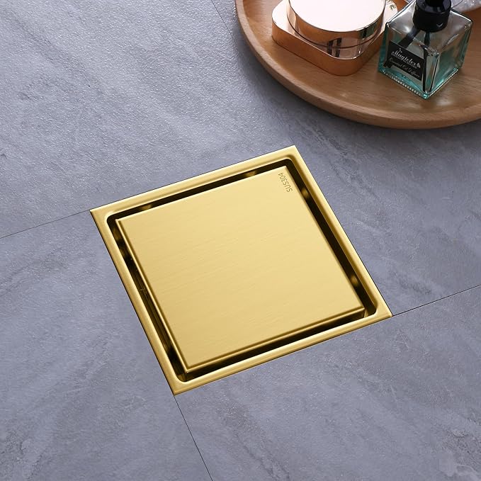 Hidden Brushed Square Shower Floor Drain, Gold 6 inch, 304 Stainless Steel, with Flange, Detachable Cover Embedded in Ceramic Tiles
