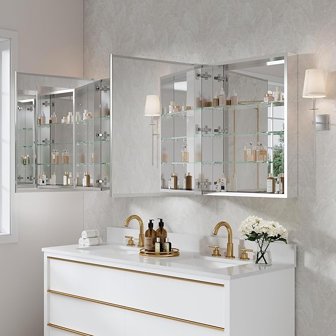 WELLFOR 60" x 30" Rectangle Medicine Cabinet Mirror, Surface Mount or Recessed Medicine Cabinet with Tempered Mirror, Anodized Chrome Aluminum Frame, Bathroom Mirror with Storage