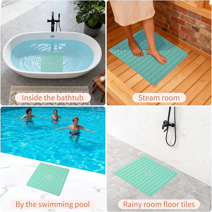 Anti-Slip Bathtub Shower mat, 20.8×20.8(Approximately 53×53cm) inch Soft Oversized Machine Washable Non-Slip Bathtub mat with Drainage Holes, Bathroom Floor Suction Cup.(1-Opaque Mars Green)