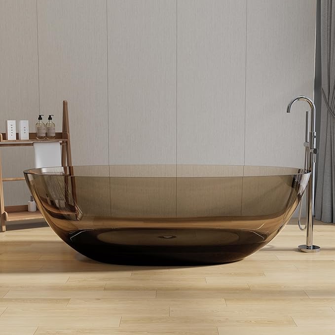 Stone Resin Freestanding Bathtub 71", Elegant Oval Shape Soaking Tub, Solid Surface Stand Alone Bathtub with Drain & Integrated Slotted Overflow Transparent Sepia AMFS303-1800 SEPIA