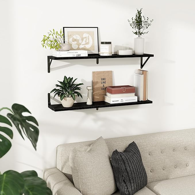 Dreamland Black Floating Shelf 36 inch, 36W x 8D Wall Mounted Shelves Set of 2, Wide Display Ledge Shelf with Sturdy Metal Brackets for Living Room, Bathroom, Bedroom and Kitchen