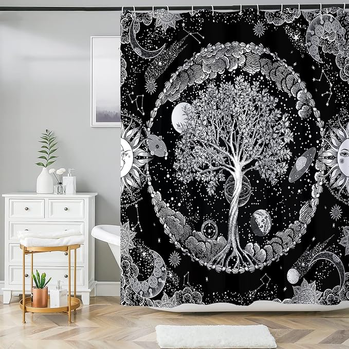 Bohemian Shower Curtain, Boho Floral Print Water Repellent Polyester Fabric for Bathroom Decor, 72×72 Inch Standard Size with 12 Hooks, Also as Room Divider