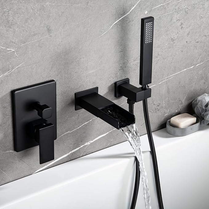 TapLong Matte Black Wall Mount Tub Filler Faucet Set with Hand Held Shower, Modern Bathtub Faucet with Waterfall Tub Spout Solid Brass Single Handle Shower Faucet Set with High Flow Rough in Valve