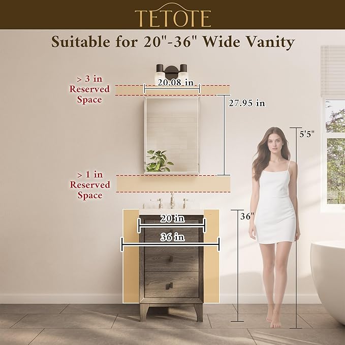 TETOTE 20 x 28 Bathroom Mirror Cabinet with Tempered Beveled Mirror White Medicine Cabinet Aluminum Cabinet DTC Hinges, Stepless Adjustable Shelves, Recessed/Surface-Mounted