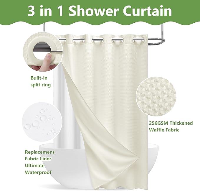 No Hook Waffle Weave Shower Curtain with Snap-in Fabric Liner,256GSM Heavy Duty Fabric Shower Curtain Set,Cream Waterproof Washable Luxury Shower Curtain for Bathroom Stall (72x75 Inch)