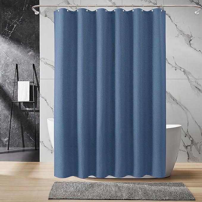 Inhousolu Fabric Shower Curtain Waffle Weave, Moonlight Blue 230 GSM Heavy Duty, Weighted Hem, 14 Metal Hooks, Water Repellent, Machine Washable, Hotel Spa Luxury Bath Curtain Set, 72 x 72 Inch