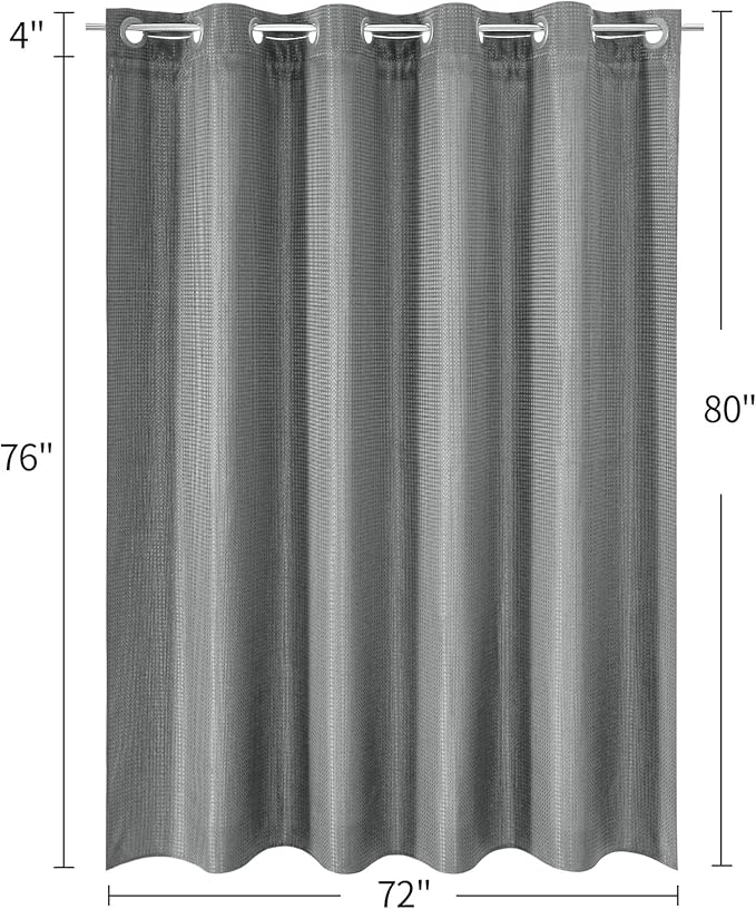 MitoVilla Black Waffle Long Shower Curtain Liner Set 72 x 80, No Hooks Needed 80 inch Long Heavyweight Fabric Shower Curtain Set with Snap-in Liner for Hotel Grade Spa-Like Bathroom Decor