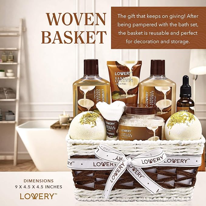 Gifts For Women Gift Basket for Womenβ 9 Piece Christmas Gifts Set of Vanilla Coconut Home Spa Set, Luxurious Holiday Bath and Body Sets Includes Fragrant Lotions, Extra Large Bath Bombs, Coconut Oil
