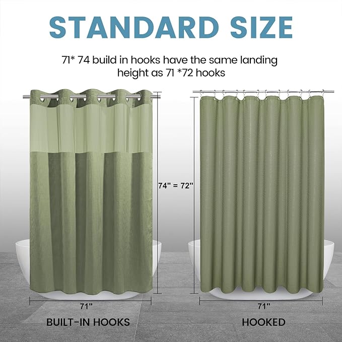 Sage Green Hotel Shower Curtain - 230GSM Waffle Textured Heavy Duty Thick Fabric Shower Curtains for Bathroom,71W x 74H