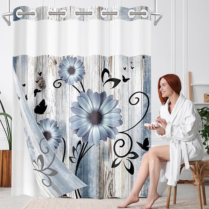 No Hook Blue Flower Shower Curtain with Snap in Fabric Liner Set, Daisy Rustic Farmhouse Double Layers Waterproof Fabric with See Through Top Window Open Grommet Bath Curtain 71x74 Inch
