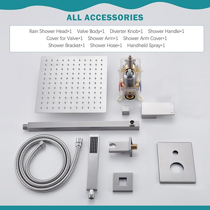 Shower System, Brushed Nickel Shower Faucet Set with 12-Inch Rain Showerhead and Handheld Spray, Wall Mounted High-Pressure Showerhead Combo Set Included Valve and Trim, Brushed Nickel