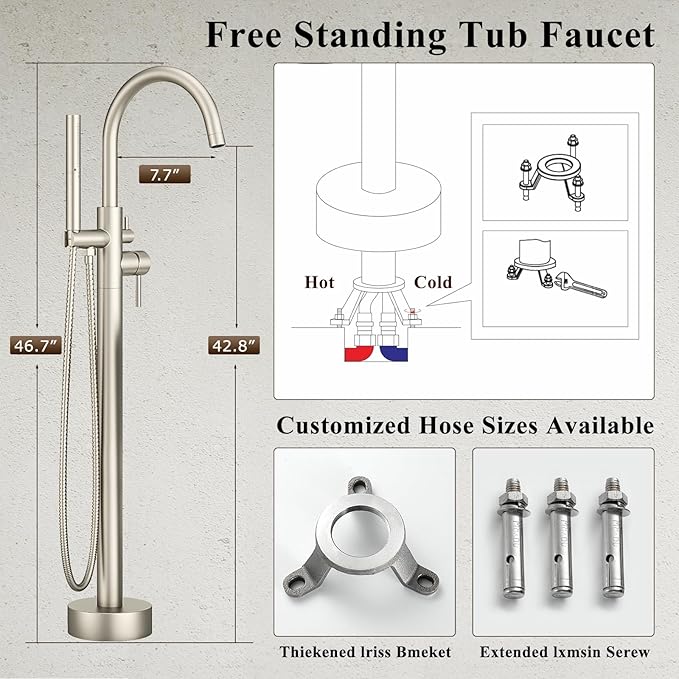 Freestanding Bathtub Faucet Brushed Nickel Tub Filler Floor Mount Free Standing Metal Bathroom Tub Gooseneck Spout with 2 Function Hand Shower