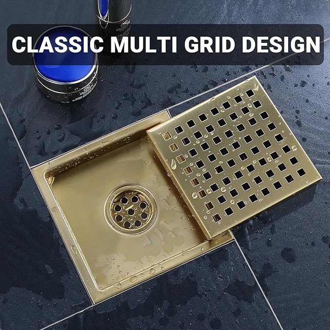 4 Inch Square Shower Floor Drain, Stainless Steel Black Shower Drain Kit with Flange, Floor Drain with Removable Grid Cover,Brushed Gold