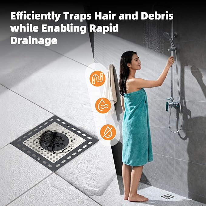 Hibbent Upgraded Shower Drain Hair Catcher, Shower Drain Cover for Bathroom Floor 4" Drain, Anti-Clogging Bathtub Drain Strainer, Stainless Steel Kitchen Sink Drain Strainer with Handle, Dark Grey