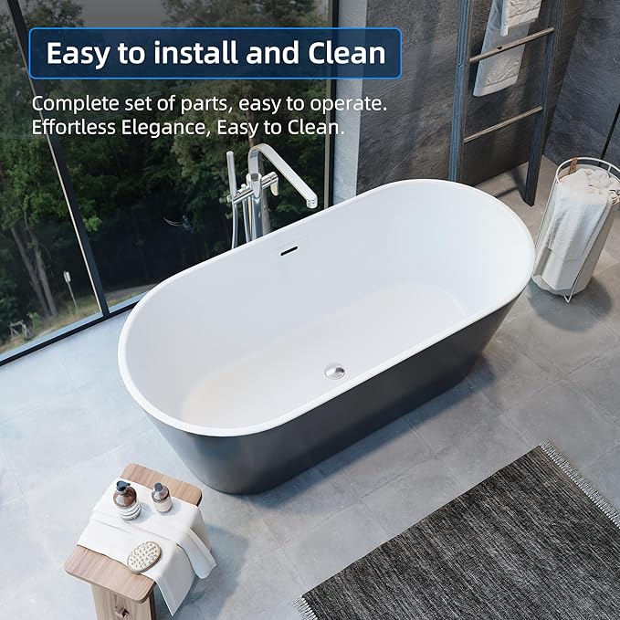 59 Inch Freestanding Bathtub, Acrylic Soaking Bathtub with Chrome Drain and Overflow, Standalone Ergonomic Tub for Bathroom Relaxation, Deep Design for Family and Guest Use, White+Black