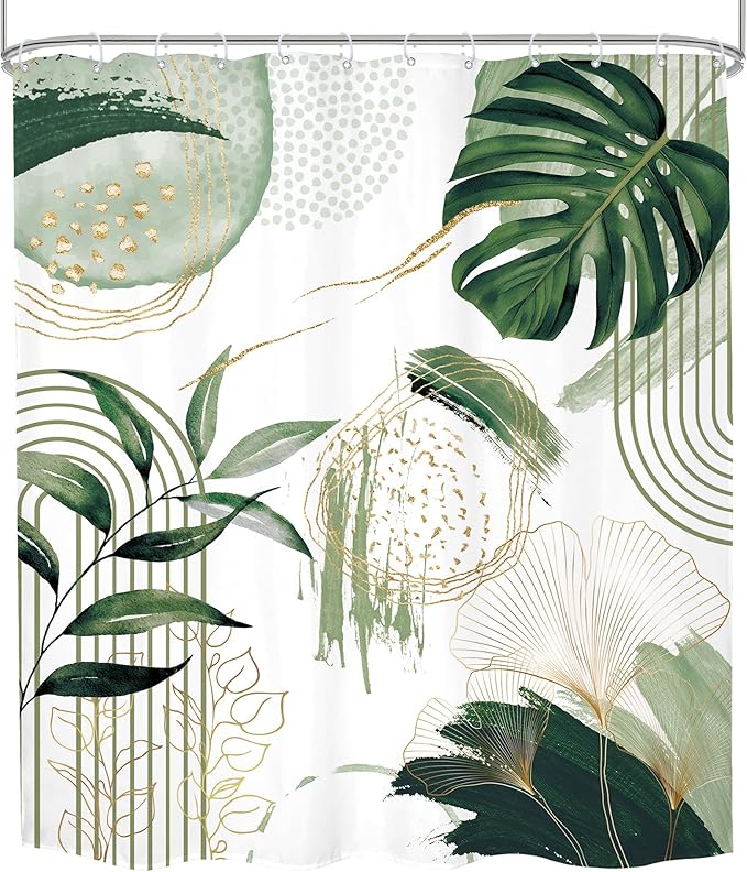 Sage Green Boho Shower Curtain Extra Long Modern Abstract Tropical Leaves Bohemian Gold Palm Leaf Mid Century 72Wx84H Bathroom Decor Geometric Plant Bath Curtain Fabric Polyester 12 Pack Hooks