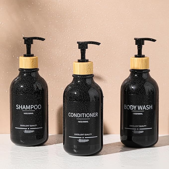 Shampoo and Conditioner Dispenser Bottles,5Pack Dispenser Bottles Refillable,16.9oz Shower Containers for Conditioner,(Black) Bathroom Shampoo Dispenser Set