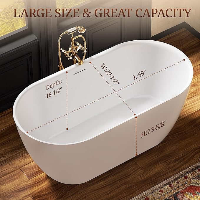 59" Acrylic Freestanding Bathtub, Deep Soaking Tub with Integrated Overflow and Drain, Oval Stand Alone Tub, Modern Bathtubs for Bathroom, cUPC Certified(Glossy White)