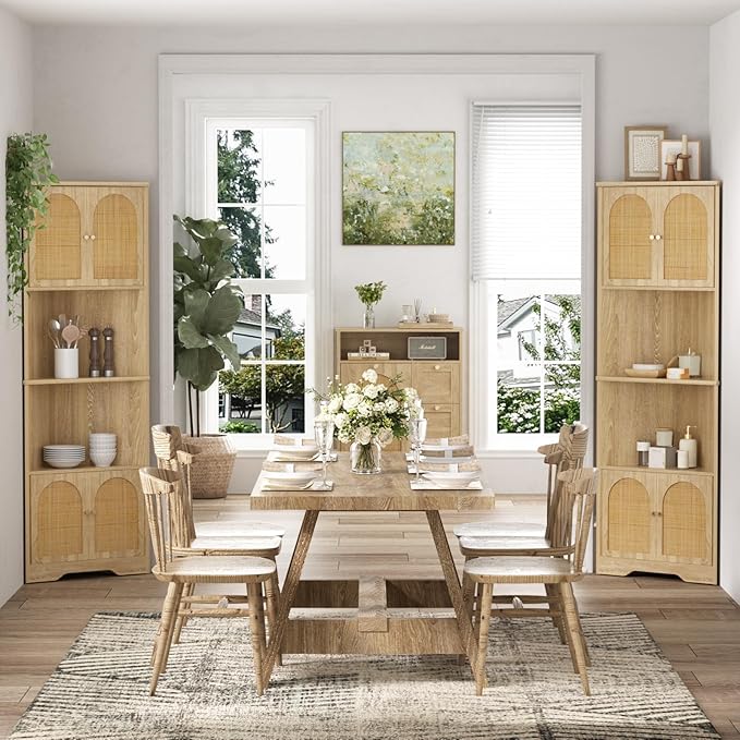 67''H Tall Corner Cabinet with Handmade Rattan Door, Rattan Storage Cabinet with Adjustable Shelves, Corner Bookshelf Space Saver for Barthroom, Kitchen, Natural