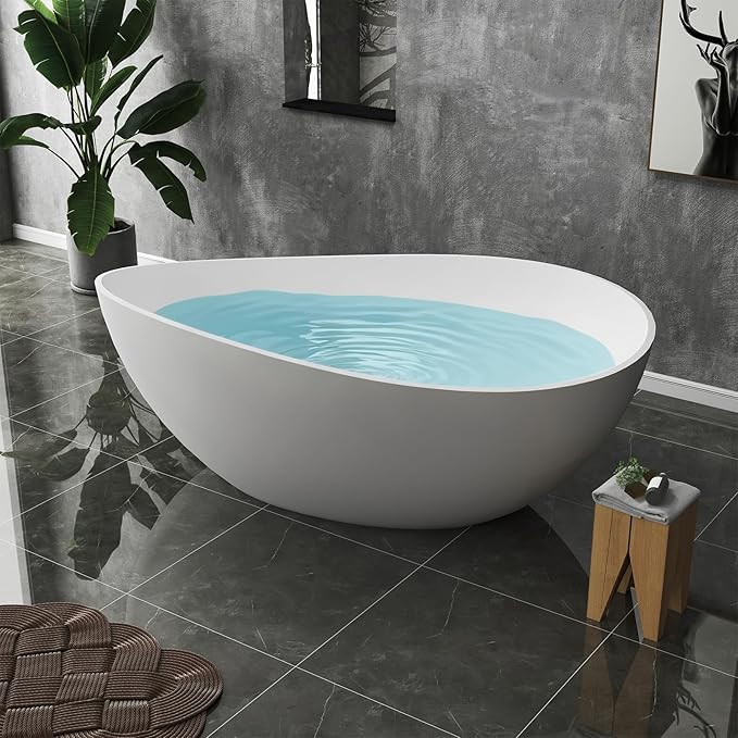 63 Inch Stone Resin Freestanding Bathtub, Modern Oval Soaking Bathtubs Tubs, Contemporary Solid Surface Bathtubs with Overflow and Pop-up Drain, Matte White