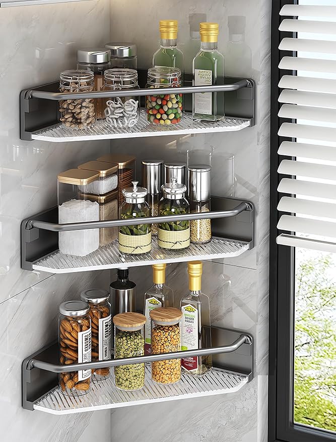 Corner Shower Caddy, 4 Pack Adhesive Bathroom Shelves,Acrylic Shower Shelf Rack, No Drilling Bathroom Organizers and Storage Racks,Black (4 Pack)