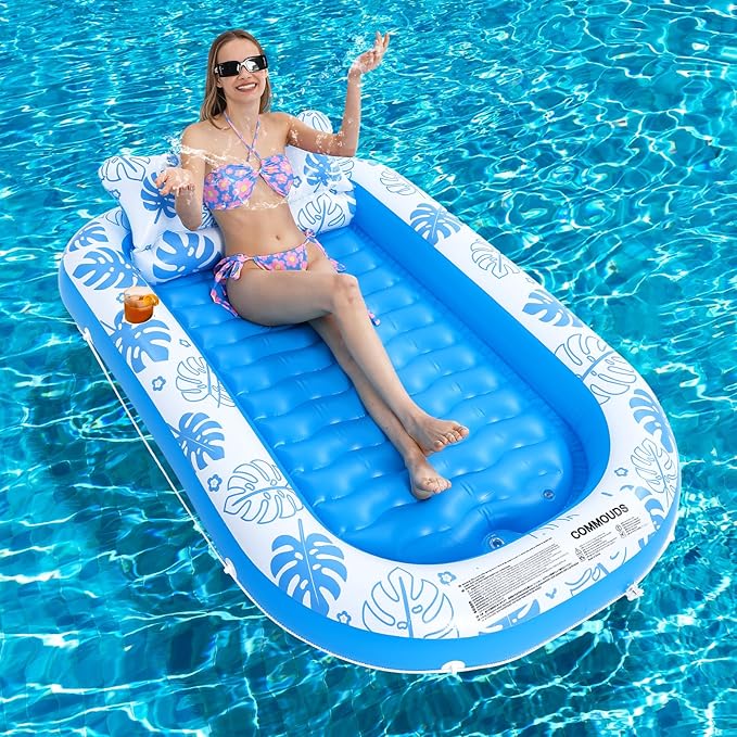 Inflatable Tanning Pool Lounger Float with Cervical Pillow - Pool Floats Adult for Sunbathing, Backyard, Pool Party - Inflate Ball Pit for Babies - Kids Swimming Pool Bed