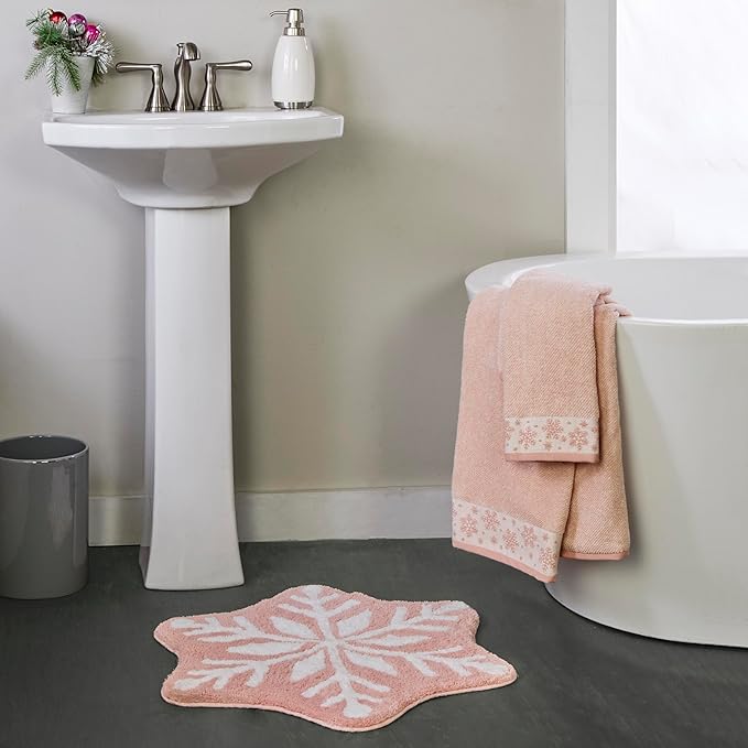 SKL Home Christmas/Winter Heather Snowflake 100% Cotton Premium Bath Towel, 500 GSM, Soft & Absorbent Jacquard, Decorative, Blush Pink