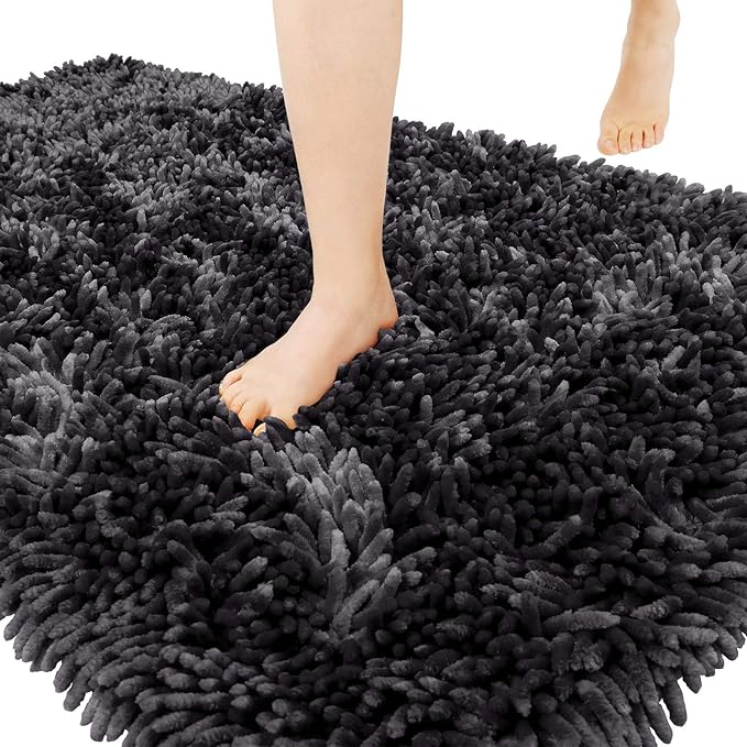 Yimobra Chenille Bathroom Rugs Non Slip, Extra Thick Soft Absorbent Bath Rug, Machine Washable Quick Dry Bath Mat for Bathroom Floor, Tub and Shower, Home Decor Accessories, 24x17, Dark Grey