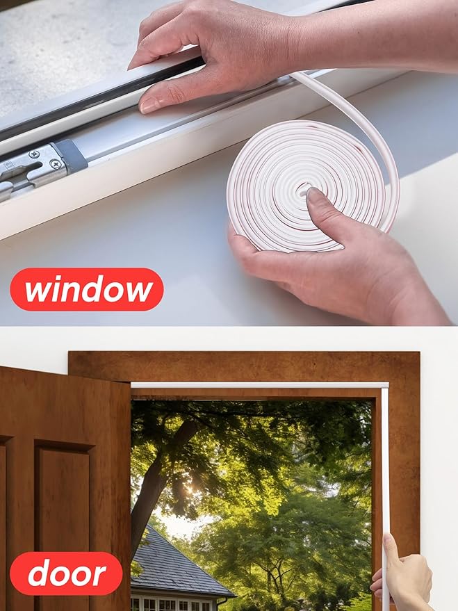 SUNMON Weather Stripping Silicone Door Seal Strip for Doors and Windows, 19.7ft Self-Adhesive Waterproof Window Sealing Strip (White)