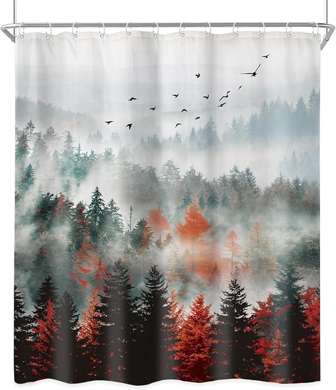 Riyidecor Red Green Mountain Shower Curtain 60Wx72H Inch Black Nature Woodland Scenery Foggy Misty Scenic Landscape Woods Rustic Dark Natural Bathroom Decor Fabric Polyester Waterproof 12 Pack Hooks