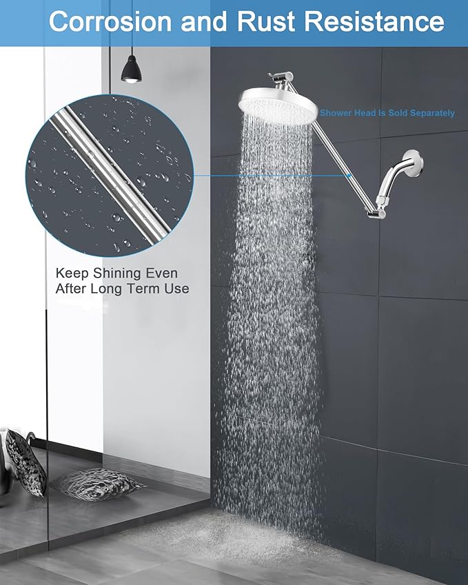 15 Inch Extra Long Adjustable Shower Head Extension Arm With Locking Set Screw, Singing Rain Brass Chrome Angle Height Adjustable, Easy To Install, G1/2 Universal Connector Compatible (Chrome Finish)