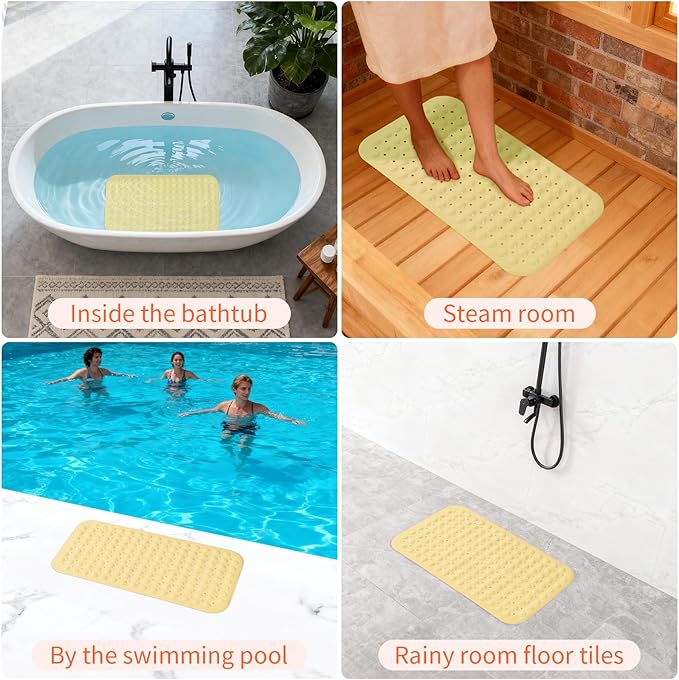 Anti-Slip Bathtub Shower mat, 27.5×14.5(Approximately 70×37cm) inch Soft Oversized Machine Washable Non-Slip Bathtub mat with Drainage Holes, Bathroom Floor Suction Cup.(1-Opaque Light Yellow)