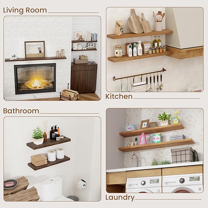 Floating Shelves for Wall Decor, 8 Inch Deep Rustic Solid Elm Wood Floating Shelves Wall Mounted, Wall Shelves with Invisible Bracket for Living Room Bathroom Bedroom Kitchen, 48 Inch Set of 1, Walnut