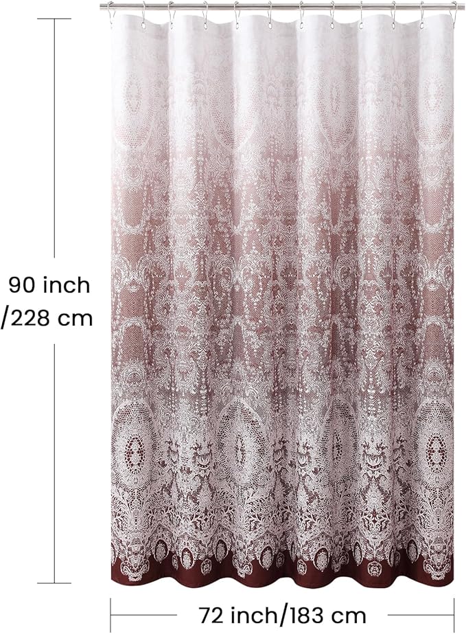90 Inch Extra Long Shower Curtain - Chantilly Lace Design, Heavyweight Polyester, Burgundy to White Ombre, 72" W x 90" H