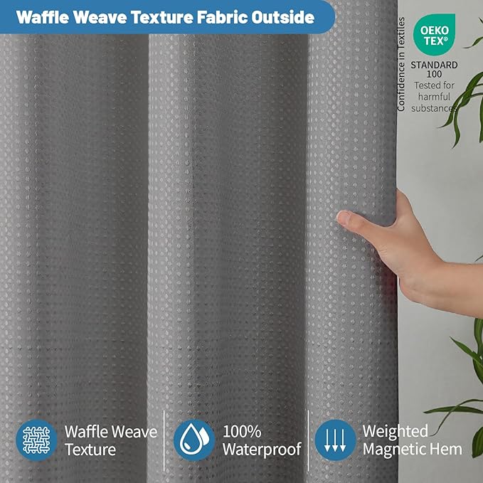 2-in-1 Waterproof Fabric Shower Curtain - No Separate Liner Needed, Hotel-Style Waffle Weave, Effortless Cleaning & Washable Bathroom Shower Curtain Set,72Wx78H,Grey