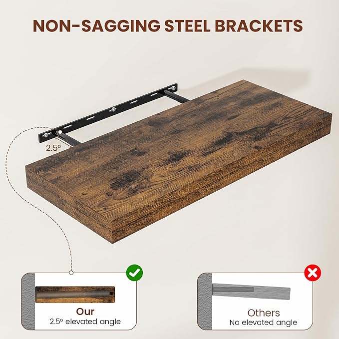 Vivelove 12" Deep Floating Shelves for Wall 55" Long, Wall Shelves for Living Room Bedroom Bathroom Kitchen Laundry Room, Farmhouse Rustic Shelves for Home Decor, 55" X 12" X 2" Set Of 2, Rustic Brown