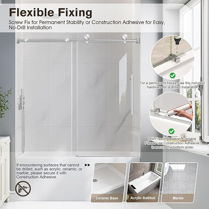 Bathtub Shower Door Frameless, 55-60" W x 60" H Sliding Tub Shower Door, 1/4''(6mm) SGCC Tempered Glass with Explosion-Proof Film Nano Coating, Stainless Steel Hardware, Brushed Nickel