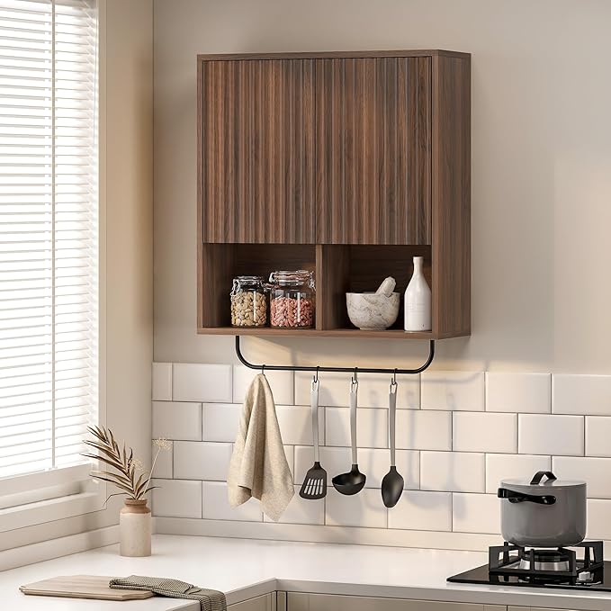 Bathroom Wall Cabinet, Fluted Wooden Medicine Cabinet Storage with 2 Doors, Adjustable Shelf and Towels Bar, Modern Wall Mount Large Floating Cabinet for Kitchen Laundry Room Brown