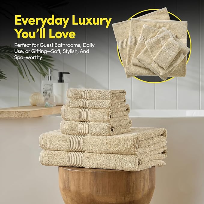 Bath Towels 8 Piece Towel Set β 100% Combed Cotton β Bath + Hand + Washcloths β Oeko-TEX Certified Soft & Absorbent Towels with Durable Double-Stitched Edges for Bathroom or Guest Spa, Beige