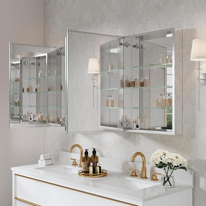 WELLFOR 52" x 30" Rectangle Medicine Cabinet Mirror, Surface Mount or Recessed Medicine Cabinet with Tempered Mirror, Anodized Chrome Aluminum Frame, Bathroom Mirror with Storage