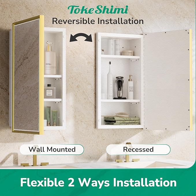 TokeShimi 21x27 Bathroom Medicine Cabinet with Mirror Beveled, White and Gold Recessed Medicine Cabinet Mirrored for Wall, Aluminum Framed Metal Mirror with Storage Adjustable
