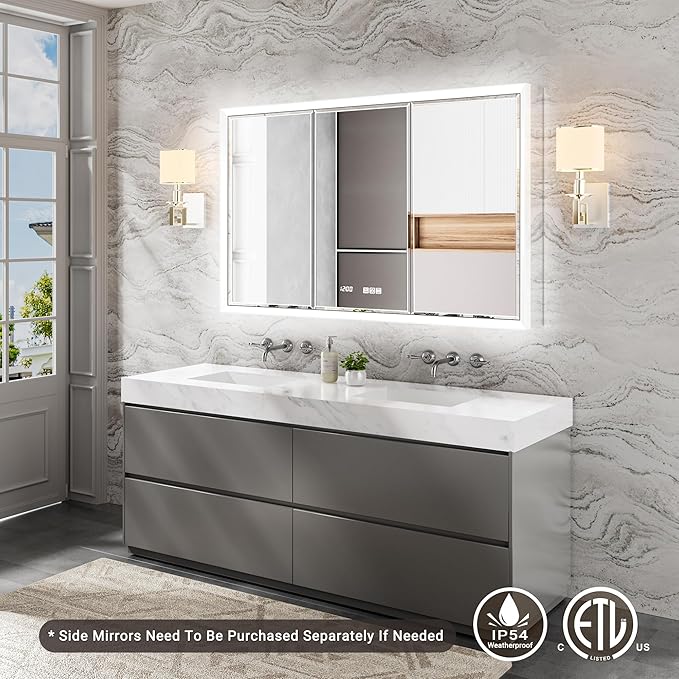 60x30 Beveled Lighted Medicine Cabinet with Mirror & Lights, Surface or Recessed Mirrored Medicine Cabinet with Outlet & Clock, Anti-Fog Dimmable LED Storage Cabinet, Built-in Sensor Light