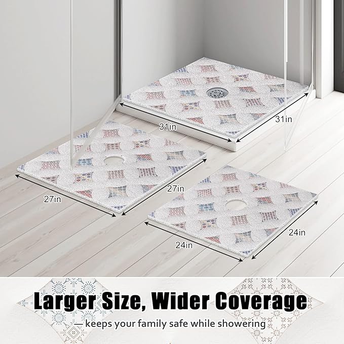 Square Shower Mat Non Slip: 27x27 Inch Extra Large Shower Floor Mat with Drain Hole in Middle - Soft PVC Loofah Bath Mat for Shower - Anti Slip Shower Stall Mat for Elderly and Kids