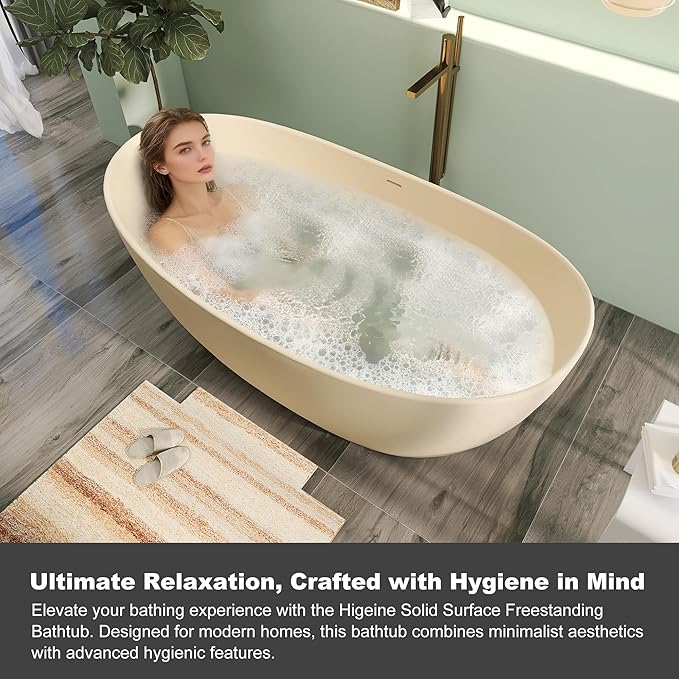 65" Premium Solid Surface Freestanding Bathtub, Modern Cream Design Stone Resin Bath Tub with Overflow and Pop-up Drain, Matte