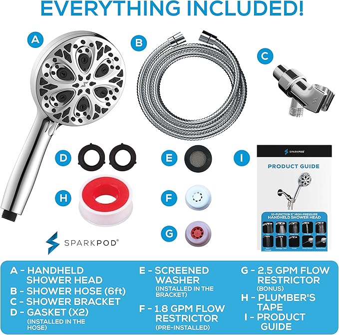 SparkPod 10-Mode Handheld Shower Head with Hose - 5" High Pressure Shower Head with Handheld Touch-to-Clean Nozzles, Built-In Power Jet, Stainless Steel 6ft Hose & Bracket (Polished Chrome)