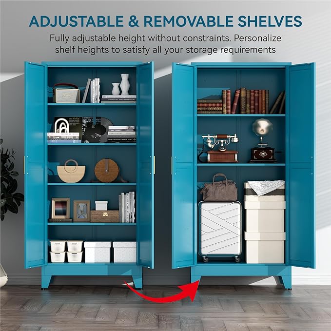 71" Metal Storage Cabinet - 5-Tier Heavy-Duty Pantry Cabinet with Adjustable Shelves & Barn Doors for Kitchen Garage,Blue