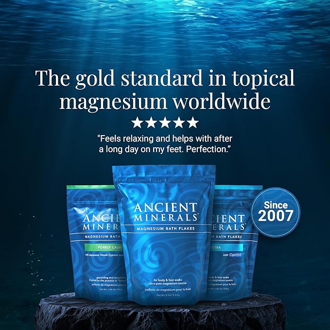 Ancient Minerals Magnesium Bath Flakes Ultra with OptiMSM – Pure Zechstein Magnesium Chloride and Organic Sulfur Bath Salts, Soothing Mineral Soak for Skin & Body, 1.65 lb