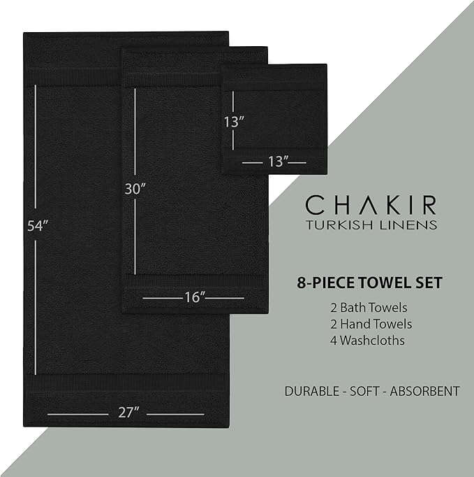 Chakir Turkish Linens | Hotel & Spa Quality 100% Cotton Premium Turkish Towels | Soft & Absorbent (8-Piece Towel Sets, Black)